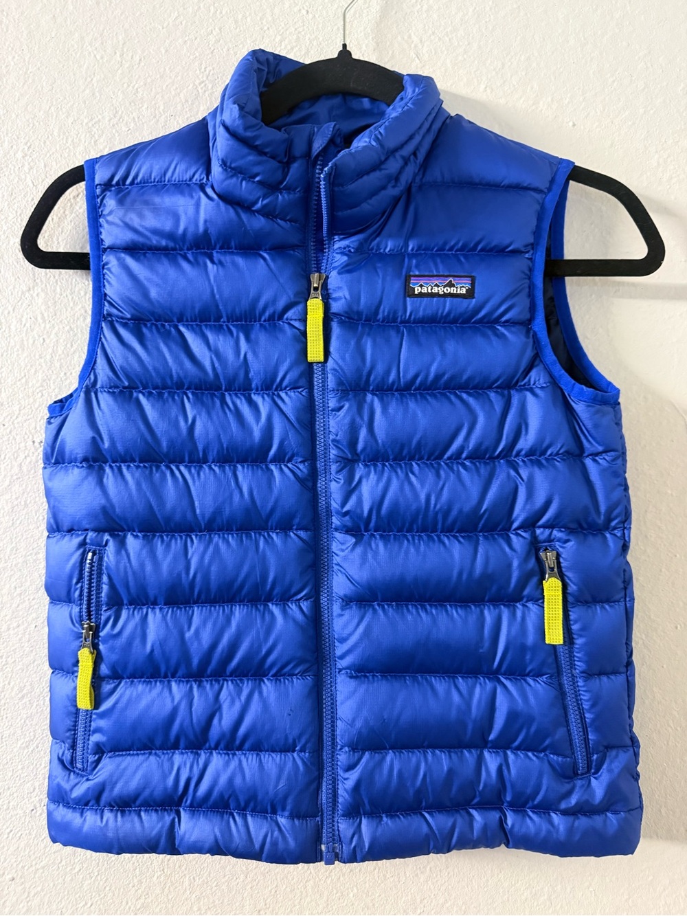 Patagonia Kids Royal Blue Puffer Vest with Yellow Zips